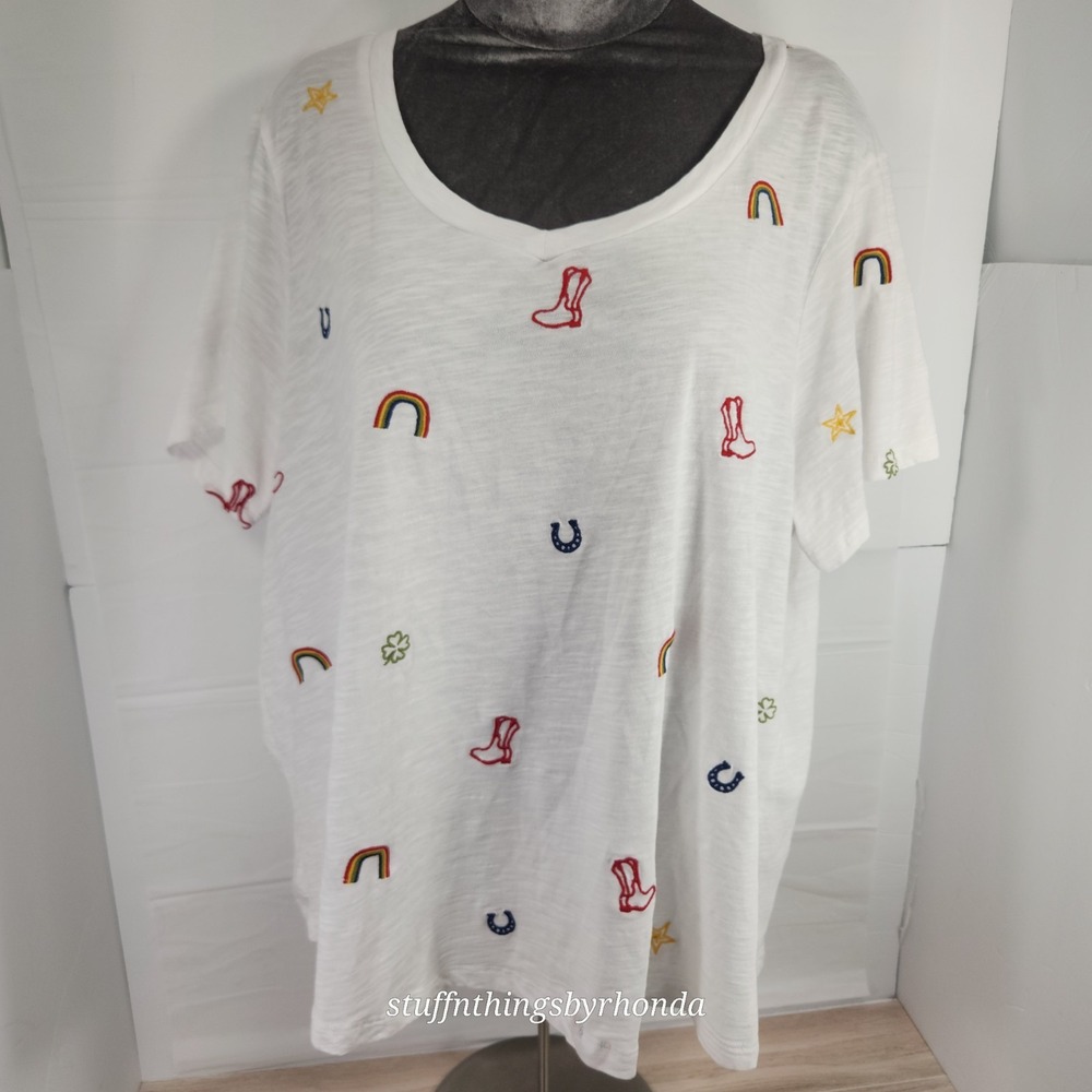 Lucky Brand Women's Cowgirl & Rainbow Motif Tee T Shirt Size XXLarge Lightweight